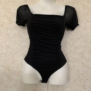 Rue 21 Black Bodysuit Ruched Sheer Short Sleeve
